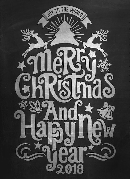 Vintage Merry Christmas And Happy New Year Calligraphic And Typographic Background With Chalk Word Art On Blackboard