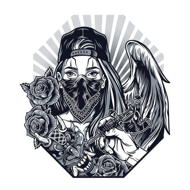 Vector vintage monochrome chicano tattoo concept with hand holding tattoo machine demon mask roses girl with angel wing in baseball cap and bandana on face isolated vector illustration