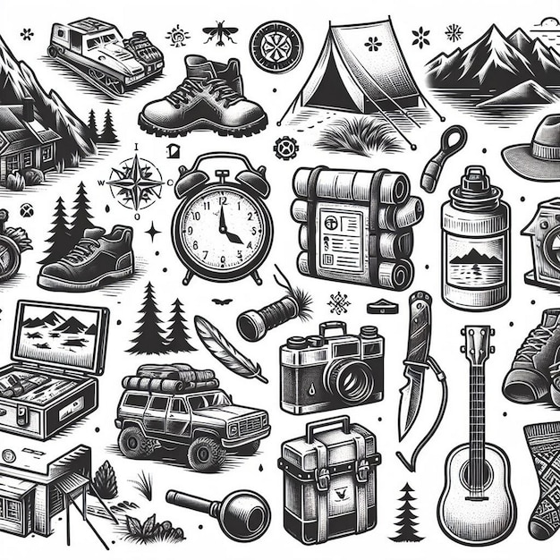 Vector vintage monochrome hand drawn adventure hiking camping elements set flat illustration