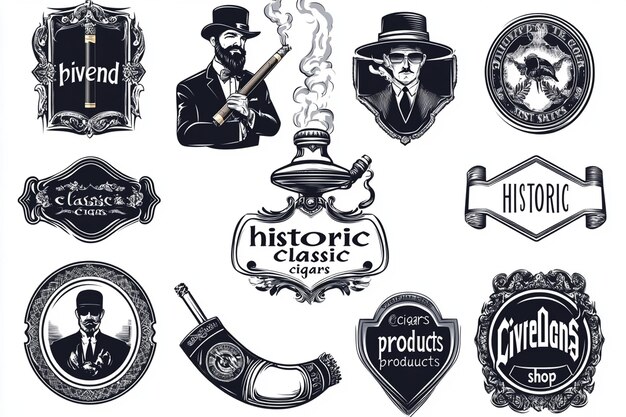 Vector vintage monochrome labels hookah cigar