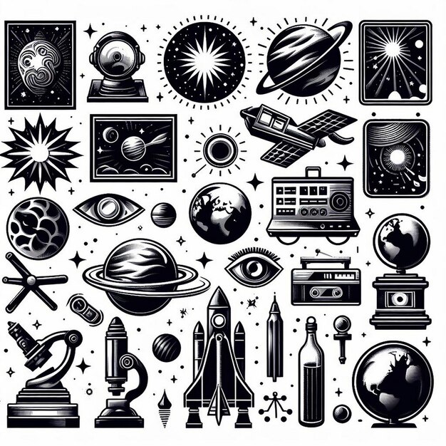 Vector vintage monochrome space elements set flat illustration