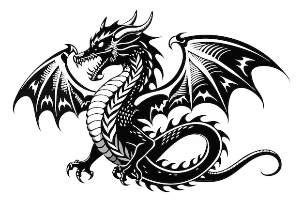 Vector vintage monochrome tattoo of dragon white background