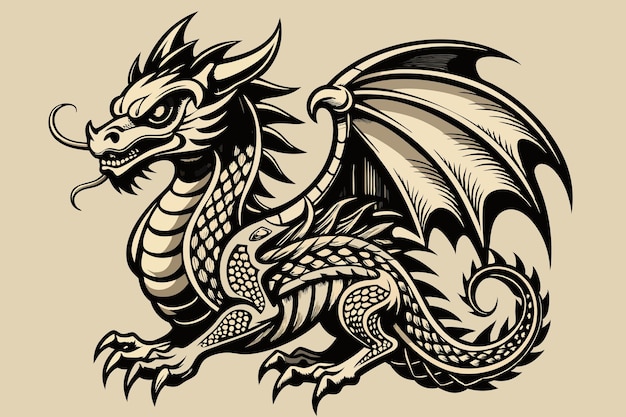 vintage monochrome tattoo of dragon white background