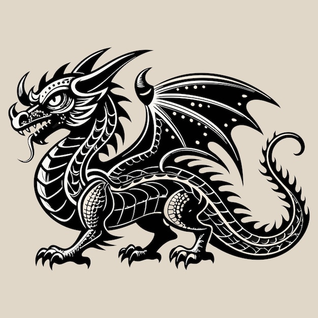 vintage monochrome tattoo of dragon white background