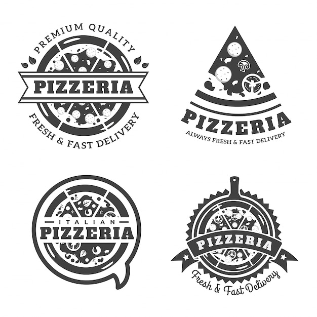 Vintage Monotone Pizza Logo Badge Illustration Set