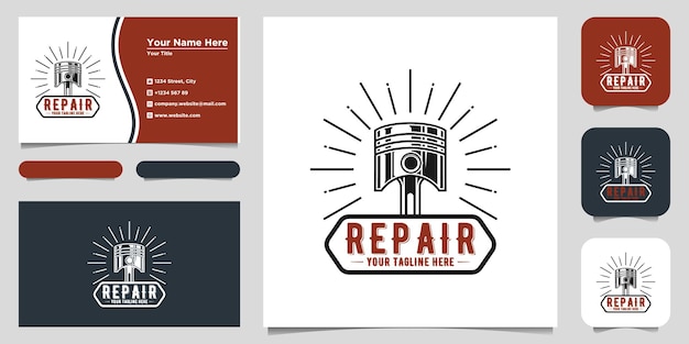 Vintage motorcycle repair service label with pistons vector illustration. Logo design and business card