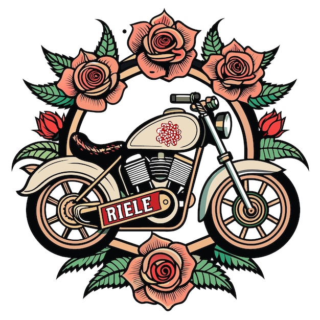 vintage motorcycle with intricate detailing surrounded by roses and vines and an oldschool banner