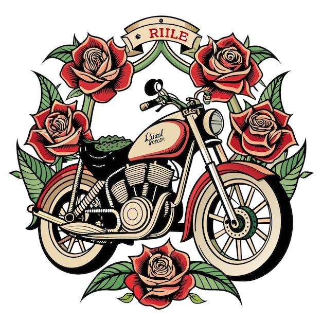 vintage motorcycle with intricate detailing surrounded by roses and vines and an oldschool banner