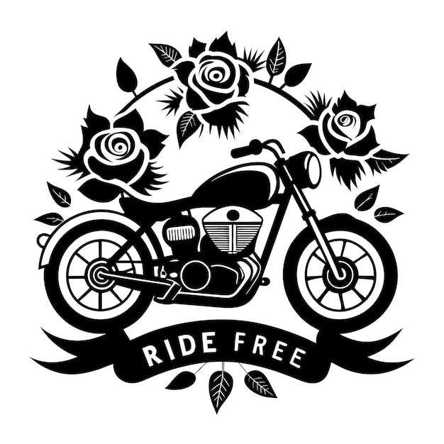 Vector vintage motorcycle with intricate detailing surrounded by roses and vines and an oldschool banner