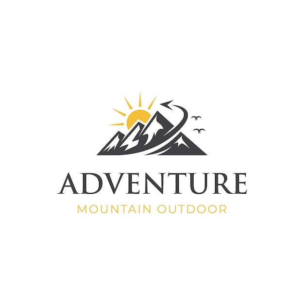 Vintage mountain landscape vintage logo with rocks and fly plane for traveler Hipster Adventure Traveling logo illustration