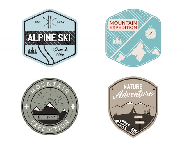 Vintage mountain ski badges logos set, Mountain adventure stickers. Hand drawn emblems bundle. Skiing, travel expedition labels. Outdoor hiking designs.