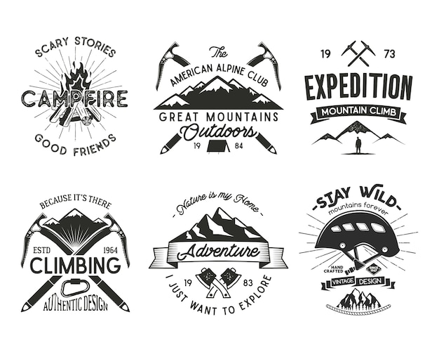 Vintage mountaineering badges set. Climbing logo, vintage emblems.