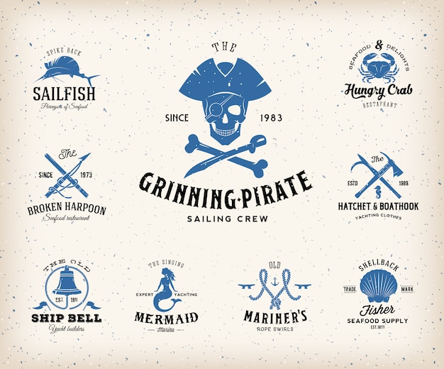 Vintage Nautical Labels or Design Elements With Retro Textures and Typography.