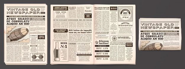 Vintage newspaper mockup, Retro newsprint pages, tabloid magazine and old news isolated 3D  template