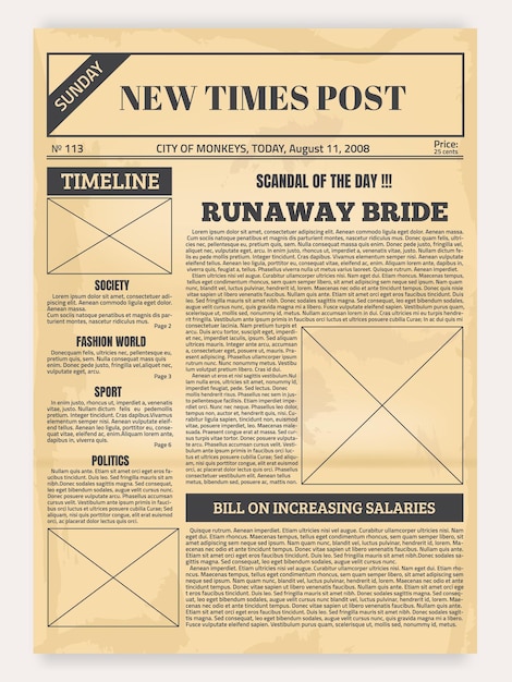 Vintage newspaper Old realistic pages with headers and place for pictures article layout Publication design with column and calligraphic font for headlines Vector sheet of newsprint