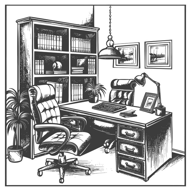 Vector vintage office interior with desk chair and bookshelf