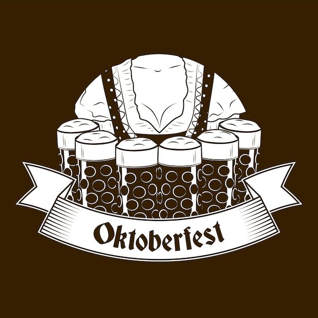 Vintage Oktoberfest banner or label with a waitress in national clothes carrying six beer glasses