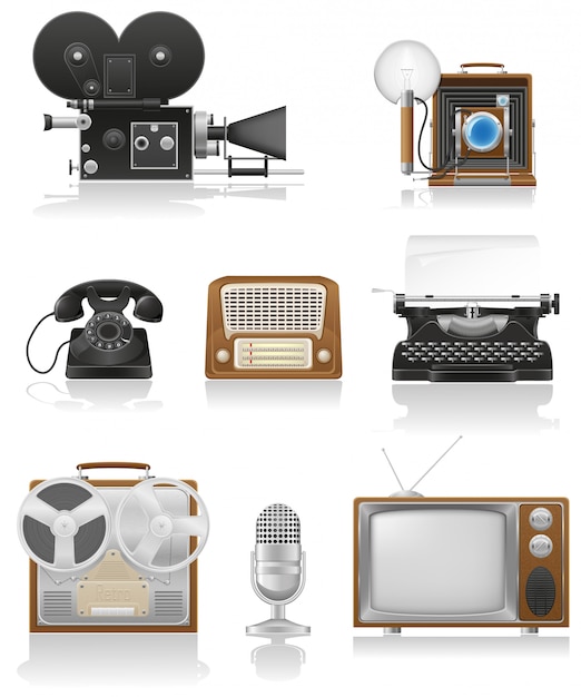 Vintage and old art equipment video photo phone recording tv radio writing vector illustration