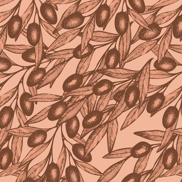 Vintage olives seamless pattern sketch shape of olives branch and leaves