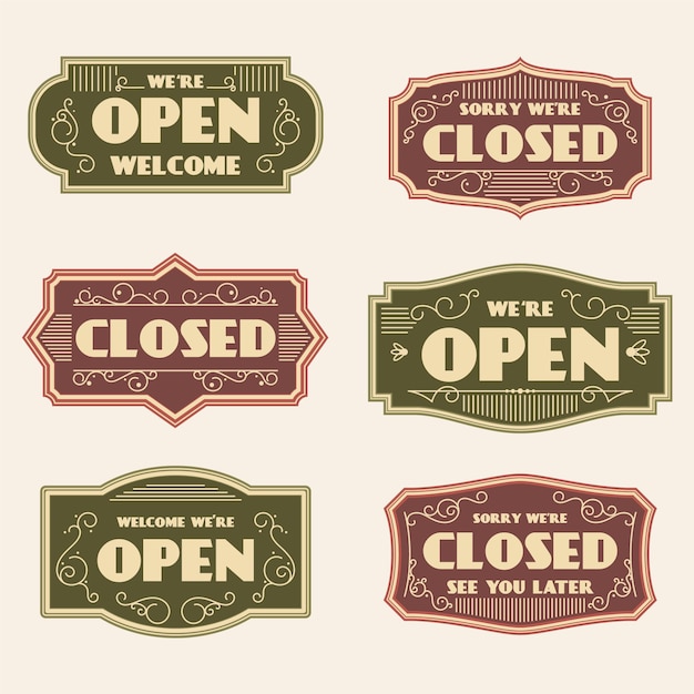 Vector vintage open and closed signboard pack