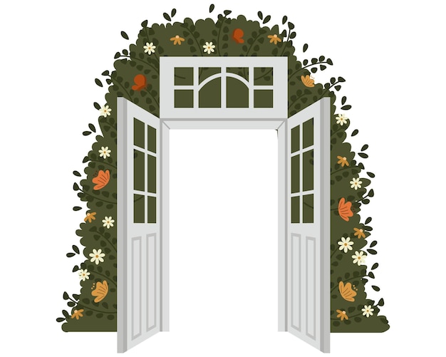 Vintage open doors with greenery and flowers. Background for invitation, illustration, vector