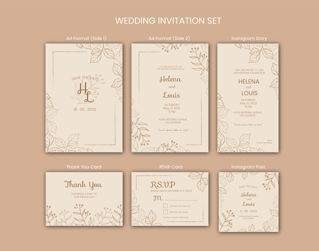 vintage pastel handdrawn floral wedding invitation with instagram template