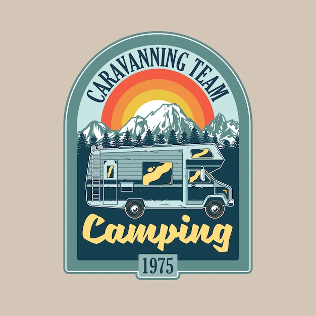 Vintage patch,   with classic family camper car for caravanning on mountains. Adventure, travel, summer camping, outdoor, natural journey