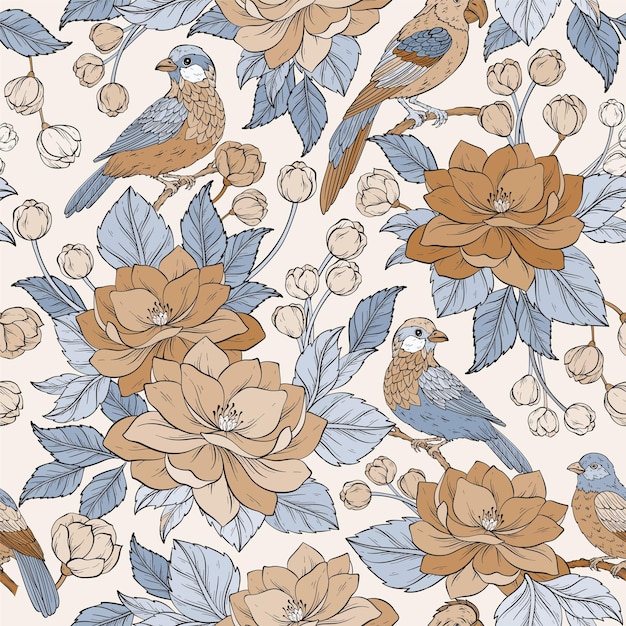 Vintage pattern with flowers branches and birds