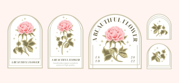 Vintage peach rose flower label element collection for feminine logo and beauty brand with frame