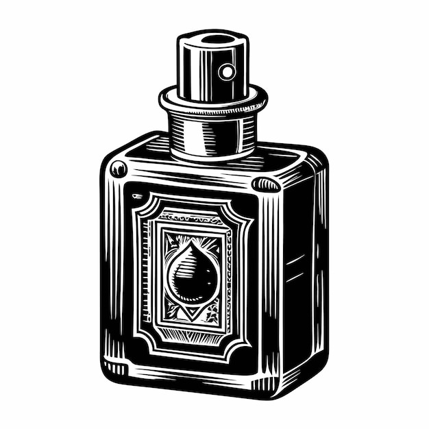 Vintage Perfume Bottle Illustration in Black and White Woodcut Style