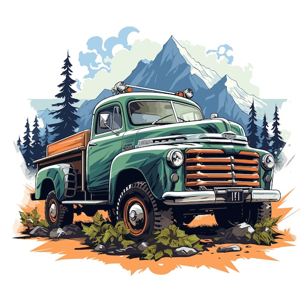 Vintage Pickup Truck on the road in the mountains Vector illustration