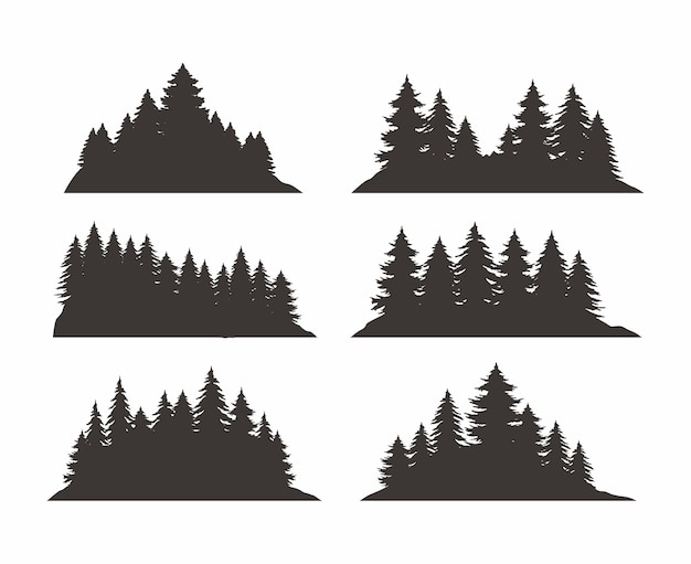 Vintage pine tree mountain forest silhouette set black