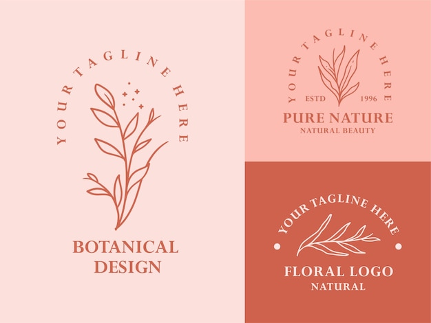 Vintage Pink Hand Drawn Leaf Botanical Logo Illustration