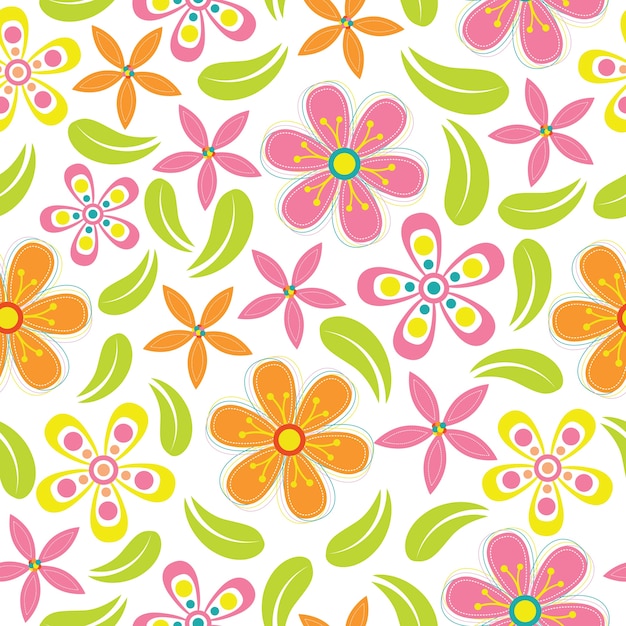 Vintage pink and orange flowers seamless pattern on white background 