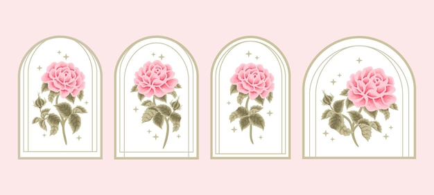 Vintage pink rose flower label element collection for feminine logo and beauty brand with frame