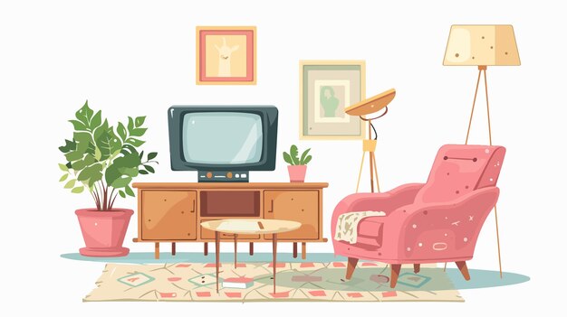 Vector vintage pink tv in retro old living room with classic furniture