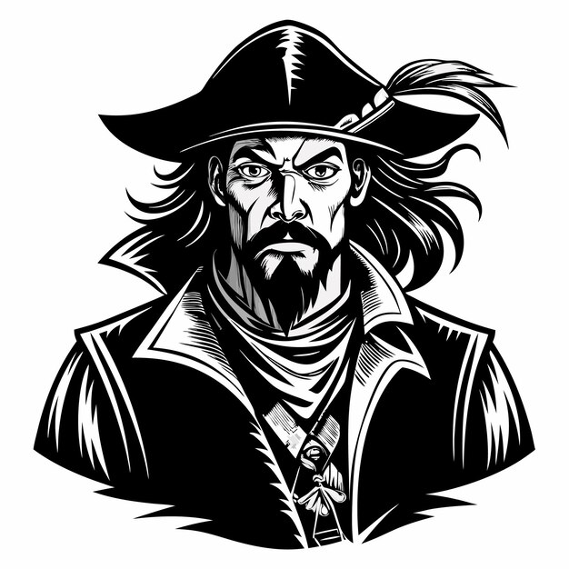 Vector vintage pirate illustration with feathered hat and intense gaze