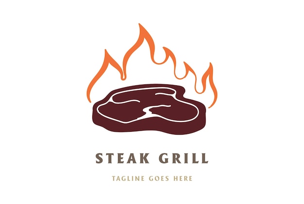 Vintage Pork Ham Meat with Flame for BBQ Grill Logo Design Vector