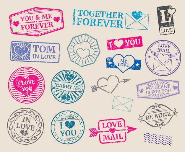 Vintage postage stamps vector set. Romantic date, love, valentines day. Collection of seal with text