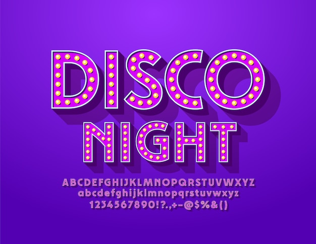  vintage poster Disco Night with Violet Light Bulb Font. Elegant Lamp Alphabet Letters and Numbers