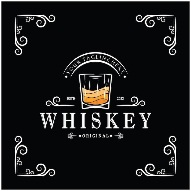 Vector vintage premium whiskey logo label with glass or beer for drinks bars clubs cafes companies