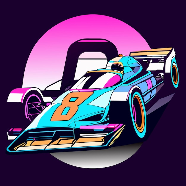 a vintage race car adorned with neon number 88s