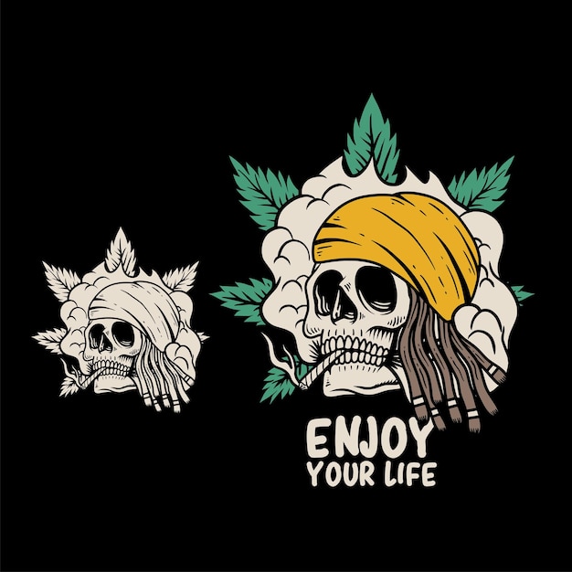 vintage rasta skull smoke cannabis weed hand drawing illustration