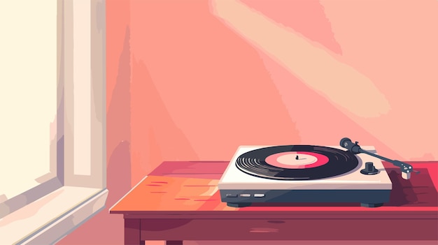 Vintage Record Player with Vinyl Disk on Table near Pink Wall