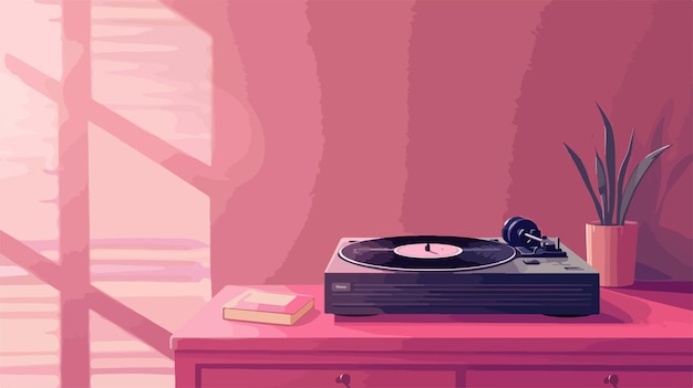 Vintage Record Player with Vinyl Disk on Table near Pink Wall