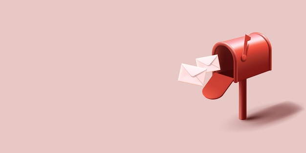 Vintage red mailbox with flying in white closed envelopes post delivery composition 3d render