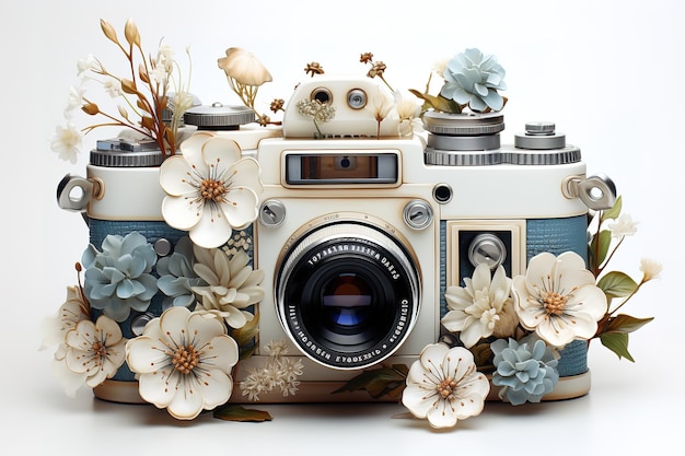 Vintage retro camera red and beige rose flower buds pattern on pale pastel beige background