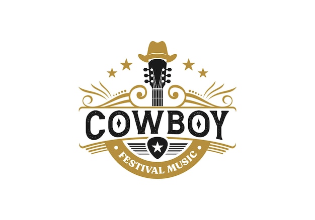 Vintage retro classic guitar with cowboy hat. Western country music emblem logo design template