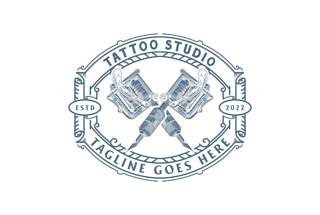 Vintage Retro Crossed Ink Tattoo Machine Badge Emblem Label for Studio Logo Design