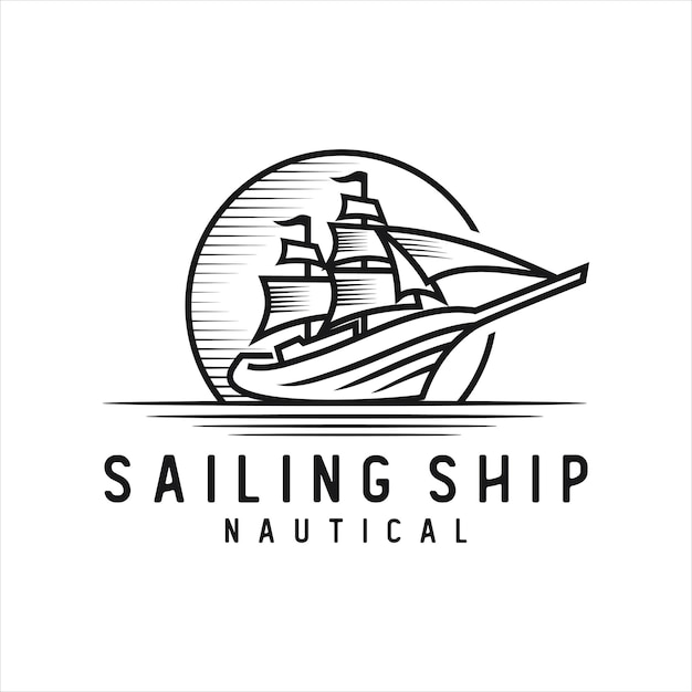 Vintage Retro Line art Sailing Ship Logo Design